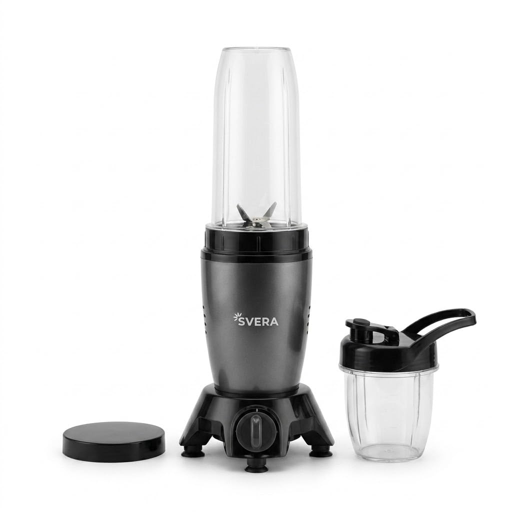 SVERA 500W Nutri Blender and Grinder Combo with Powerful High-Torque Motor, 1 Tall Unbreakable Cup, 1 Short Jar, 1 Cross Blade, 1 Flat Blade Set, and 2 Lids (Sip and Reseal), Elegant Grey Finish-image-5