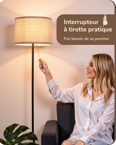 Lampadaire lin beige LED E27 145 cm, EDISHINE