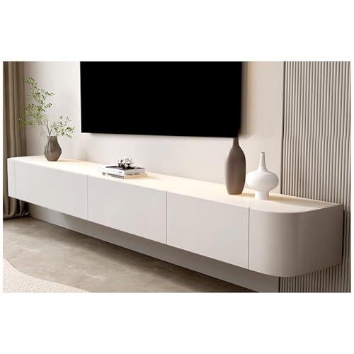 Console multimédia moderne blanche et bois avec étagères TV noires suspendues