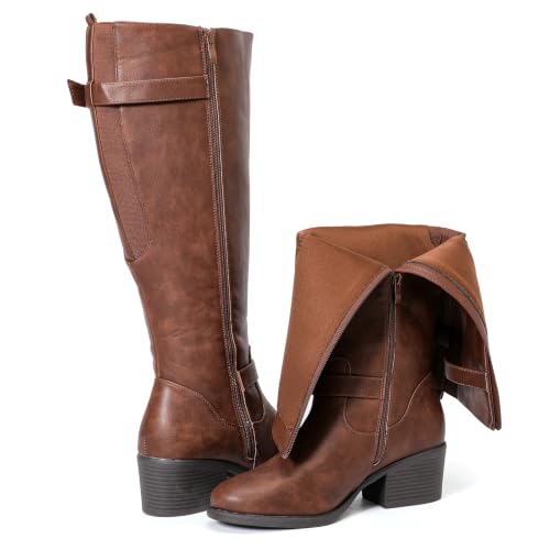 Image of Luoika Women's Extra Wide Calf Heeled Knee High Boots. | Wide Width, Winter Boots, Block Heel, Adjustable Buckle, Round toe