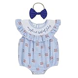 Rarjuiey my first 4th of July女の赤ちゃん服新生児アメリカ国旗ワンジーUSAバブルロンパースモック衣装, アメリカ国旗ストライプブルー, 12-18 Months