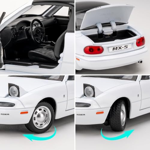 Image of 1:24 Mazda Miata MX-5 White Model Toy Car with Pullback, Removable Top, Blinking Lights with Sound and Bright Lights