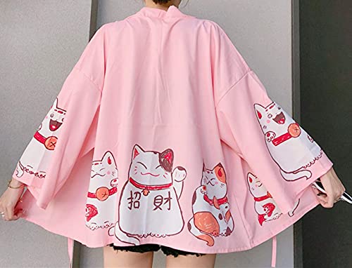 Image of LAI MENG FIVE CATS Women's Lucky Cat Cardigan Kimono Loose Cover up Casual Blouse Cute Tops
