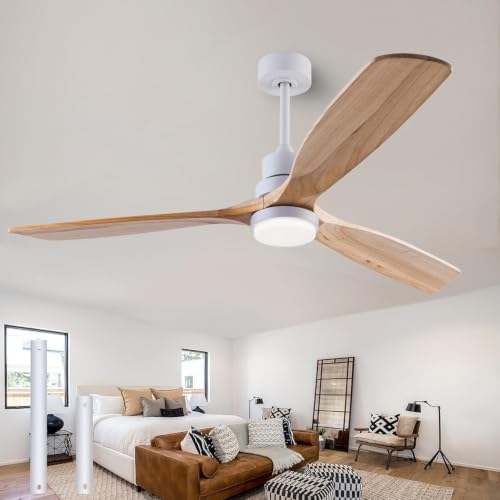 Image of QUTWOB 56 inch 3-Blade Wood Ceiling Fan with Light & Remote, Indoor Outdoor | solid natural wood blades, quiet dc inverter motor, 6-speed reversible remote, 3-color led, for indoor outdoor living room