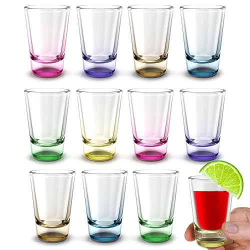 volila Bunte Shotgläser - 12 x 2,5 cl Kleine Schnapsgläser Set mit schwerem Boden - Ideale Tequila Gläser, Vodka Gläser, Pinnchen, Stamperlgläser für Schnaps, Jägermeister, Korn