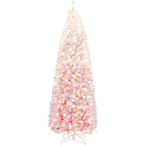 Yaheetech 7.5ft Pre-lit Snow Flocked Pencil Christmas Tree Kingswood Fir Hinged Slim Skinny Corner Xmas Tree with 350 Incandescent Warm White Lights & Snow Branch Tips, Pink Gradient by Yaheetech - Used condition - US$46.96