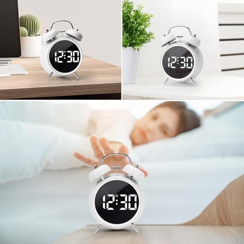 Image of Alarm Clock, Digital Alarm Clock with Large LED Display, Silent Round, Small, Analogue, Modern, Digital Clock with Date and Temperature Display, USB Network Connection (White)