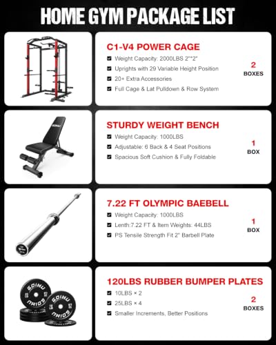 Image of C1-V4 Power Cage, 2000LBS Squat Rack with LAT Pulldown, Multi-Function Weight Cage Strength Training Machine, Workout Cage with More Attachments for Home Gym Garage