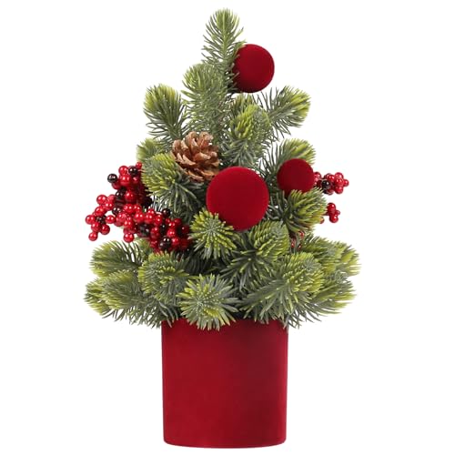 Small Christmas Tree, 12Inch Artificial Burgundy Velvet Ball Berry Mini Tabletop Christmas Decorations, for Home Party Thankgivings Xmas Indoor Decor.