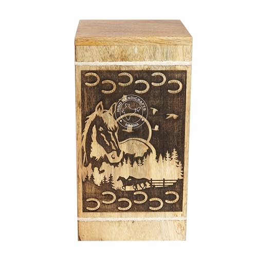 Image of Handcrafted Floral Engraved Wooden Urns for Human Ashes Adult Large - Cremation Urn for Ashes - Burial Urn for Columbarium - Funeral Urn Box (Horse 2, 250 LB - Hardwood)