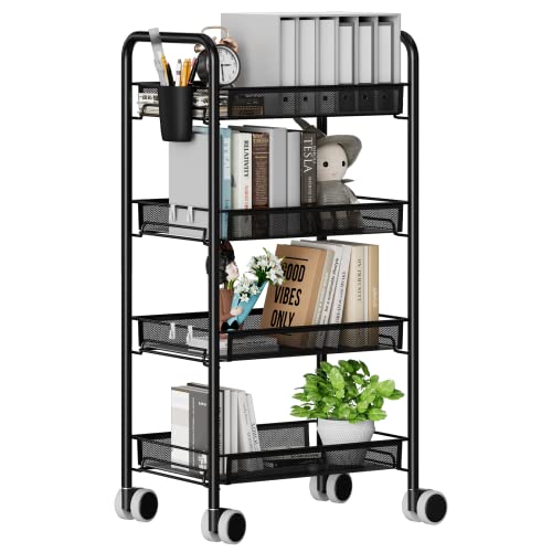Image of DMplus 4-Tier Metal Rolling Cart on Wheels with Baskets, Easy Carry and Assemble Multifunction Utility Cart with Practical Bucket and Hooks, Black MRC01B