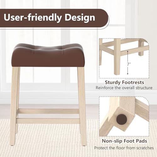 Image of Giantex 24 inch Bar Stools Set of 4, Upholstered Counter Height Saddle Bar Stools with Footrest and Wood Legs, Farmhouse Faux Leather Backless Barstools for Kitchen Island, Dining Room, Cafe, Brown+Beige