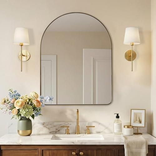 Image of ANDY STAR Arched Mirror, 28 x 36 Inch Brushed Gold Wall Mirror in Stainless Steel Metal Frame, Arch Top Rounded Corner 1 Inch Deep Set Design Wall Mount Hangs Vertical