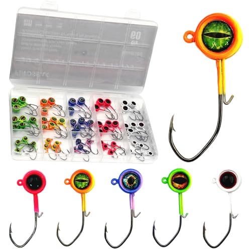 FINOSEAK 60Pcs Big Eye Crappie Jig Heads Kit Bright Color Panfish Fishing Jig Heads Hook with Wired Bait Keeper Swimbait Jighead for Crappie Walleye 3 Sizes 1/32oz 1/16oz 1/8oz