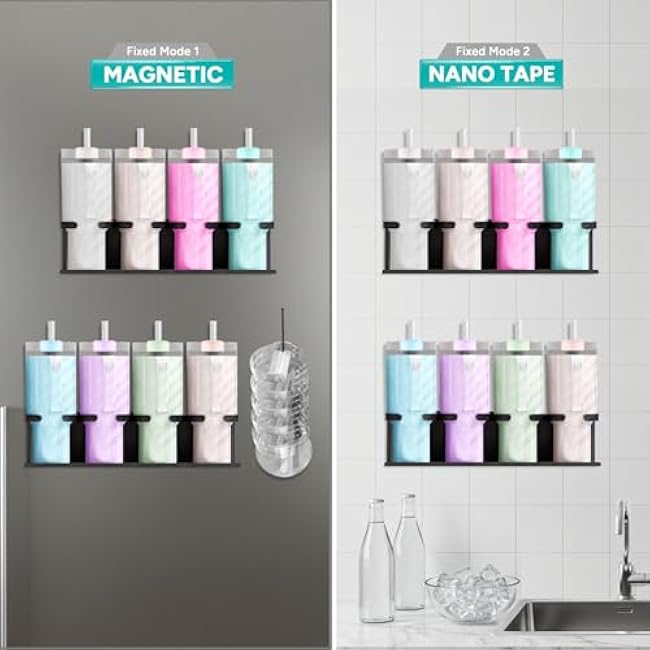 Magnetic Fridge Cup Holder for Stanley 20/30/40 oz with Tumbler Lid Organizer, Strong Magnetic Water Bottle Storage Rack (Black, 8 Cup)