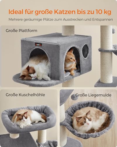 Feandrea Kratzbaum für große Katzen, XXL, hochbelastbar, Katzenturm mit 6 extra dicken Kratzsäulen, große Plattform, Höhle, Korb, flexibel aufbauen, abnehmbare, waschbare Kissen, hellgrau PCT01W