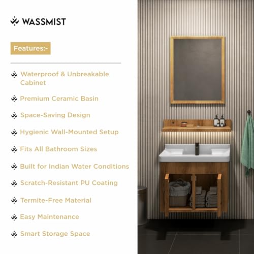 Image of WASSMIST Bathroom Vanity Washbasin Cabinet with Mirror & Shelf | Wall Mounted Wash Basin with Cabinet Full Set | Waterproof & Unbreakable (Brown)