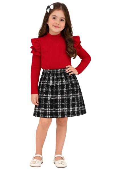 Polyester Above Knee Skirt with Printed T-Shirt for Baby Girls | Girl’s Toddler Girl Black Skirt with Knitted Ribbed Long Sleeve Red T-Shirt | Skirts & Top for Kids