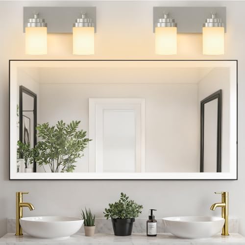Image of IZORRO Bathroom Vanity Light Fixture, 2-Light 15 Inch Brushed Nickel Bathroom Light Fixtures Over Mirror, with White Glass Shade, Modern Farmhouse Vanity Lights, Rustic Restroom Lighting Fixtures