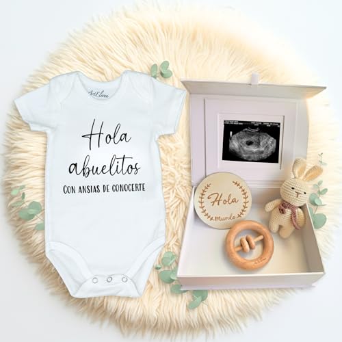 ArtEleven Hola Abuelitos Pregnancy Announcement - Includes Crochet Bunny, Rattle, Sign & Gift Box | Pregnancy Announcement Box Spanish | Hi Grandma Baby on the way surprise| Baby Reveal 2026
