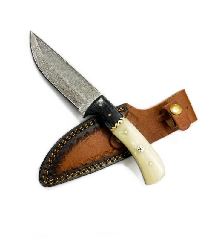 Titan International Knives Damascus Hunting and Camping Knife | Handmade 1095 4340 Carbon Mix Hand Pounded | Fixed Blade Diamond Wood and Camel Bone Handle with Leather Sheath