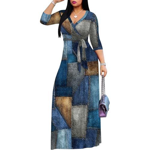 Image of Women's Plus Size Maxi Dresses Long Sleeves V Neck Floral Print Bohemian Swing Long Dress with Belt