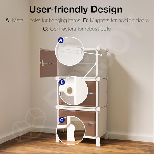 Image of BOXJOY 6 Shelf White Shoe Rack for Home with 3 Brown Doors, Hard PET Plastic with Metal Door Frame, Shoe Chappal Slipper Sandals Stand