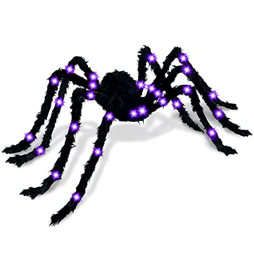 KatchOn, Giant Light Up Spider for Outdoor - 4Ft, Realistic Hairy LED Spider | Purple and Black Spider with Bendable Legs for Halloween Decorations Outdoor, Indoor | Halloween Spiders for Outside