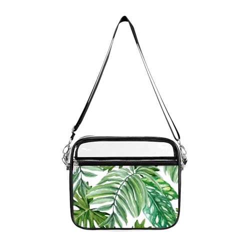 Tropical Palm Leaf Large Crossbody Bag Clear Stadium Bag Anti-Theft Side Shoulder Bags Messenger Bag with 2 Compartments