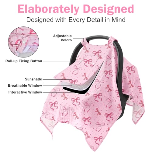 Image of Baby Car Seat Cover with Mesh Window, 100% Cotton Carseat Covers Baby Boy Breathable Infant Car Seat Cover Spring Summer Baby Carseat Cover Lightweight Infant Car Seat Canopy - Pink Bow