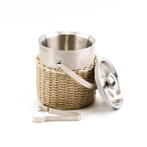 Ice Bucket with Lid, 2 Liter Stainless Steel Insulated Ice Bucket with Wicker Outer Basket Handle Tongs for Party Bar Buffet