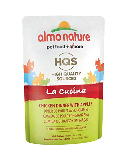 Almo Nature HQS La Cucina Chicken with Apple In Jelly, Grain Free, Adult Cat Canned Wet Food Pouches, Shredded.