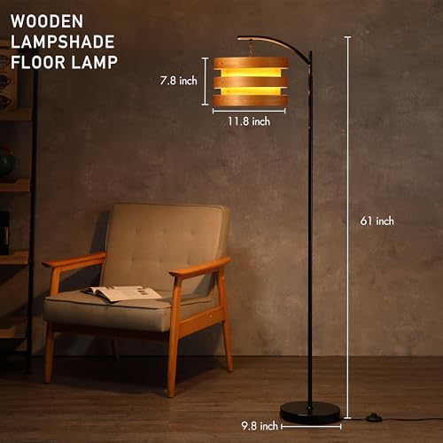 O’Bright Strata Wooden Floor Lamp - Mid Century Modern Standing Lamp with Layered Wood Shade, Tall Reading Lamp for Living Room, Bedroom, Office, Black, Light Oak, Horizon Shade by O'Bright - Used condition - Image 3