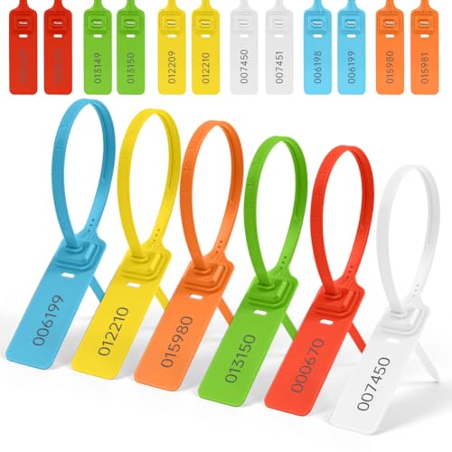 Flintronic 60x Plomben, SicherheitsPlomben aus Kunststoff, Kunststoff-Kabelbinder Tags mit nummeriert, kabelbinder tags bunte für Koffer,Reisegepäck,Kleidung, Schuhe (Flachstreifen)