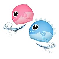 Kids Swim Cap Animal Head Silicone Swimming Cap Fun Cartoon Blue Shark Pink Fish Waterproof Long and Short Hair Boys and Girls (Blue 22cm)