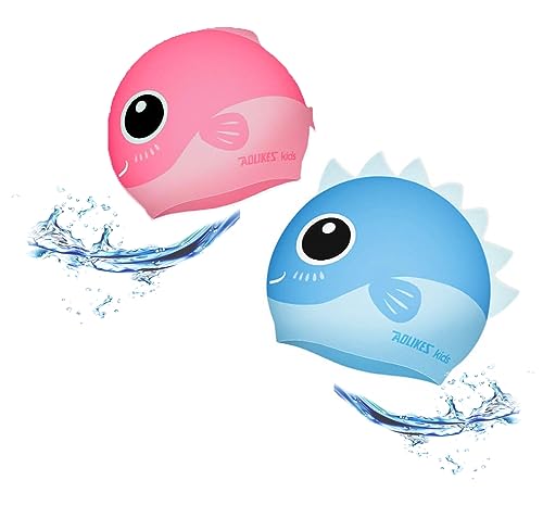 Kids Swim Cap Animal Head Silicone Swimming Fun Cartoon Blue Shark Pink Fish waterproo for Long and Short Hair Boys and Girls (Pink 20.5cm)