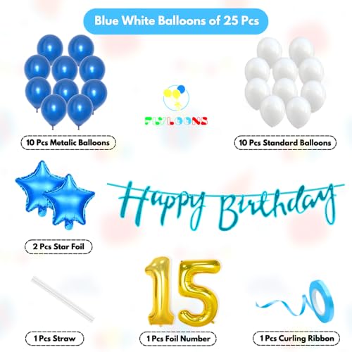 Image of Flyloons 15th Happy Birthday Decoration Kit Blue White for Boys Girls Kids Twins Men Women With 20 Pcs Metallic Balloons Birthday Banner 2 Pcs Star Items Set