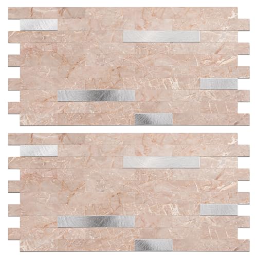 Koynsle Peel and Stick Backsplash Tile Waterproof Removable PVC Wall Sticker 3D Faux Stone Marble Brick White Accent Panels (Pink Marble - Metal Silver, 40 Tiles - 18 sq. ft. (1.68 m²))