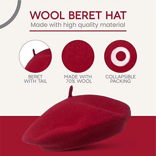 Women's Red Wool French Beret – Stylish, Chic & Cozy Parisian Unisex Hat for All Seasons
