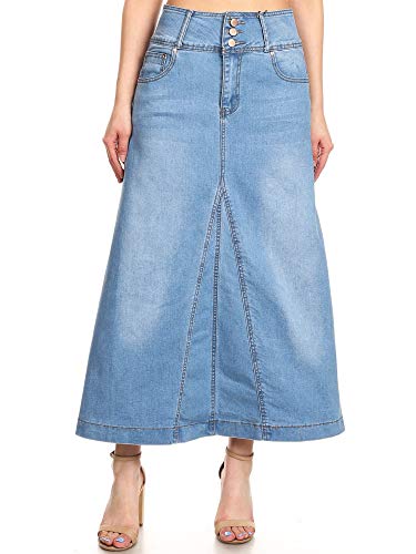 Women's Plus Size High Rise A-Line Long Jeans Maxi Flared Denim Skirt in Light Blue Size 3XL