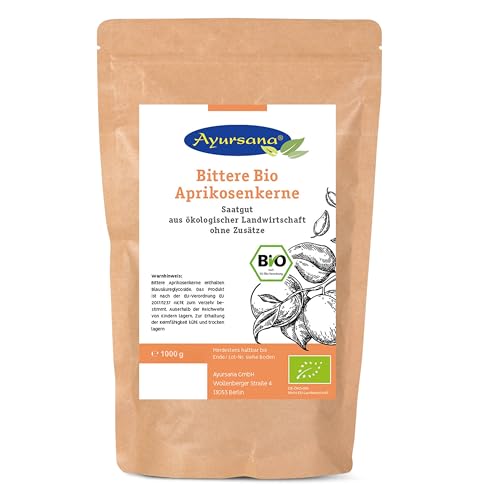 Ayursana Bittere Aprikosenkerne Bio 1000g - Reich an Amygdalin - Saatgut, naturbelassen & schonend getrocknet - Zum Beimischen von Smoothie Bowls, Müslis – Apricot Nuts geprüft im deutschen Labor