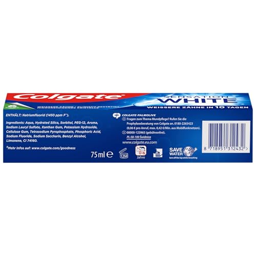 Colgate Zahnpasta Sensation White 12x75 ml – zahnschmelzschonende Entfernung von Oberflächenverfärbungen –Zahnaufhellung für anhaltend weiße Zähne – Bild 4