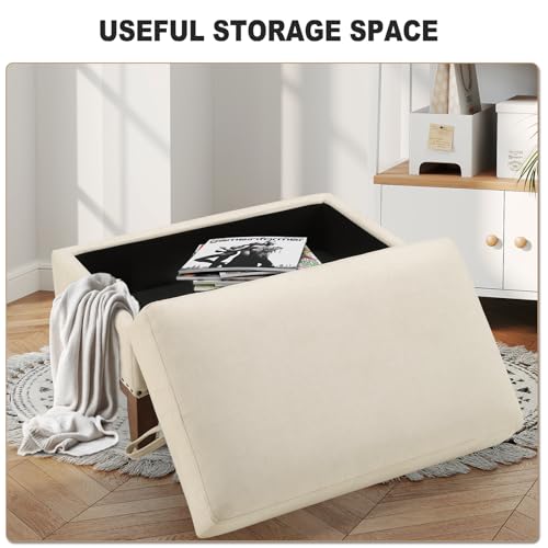 Image of Multifunctional Storage Ottoman with Flip-Top Table, Upholstered Footrest with Storage Space, Stylish Coffee Table with Solid Wood Legs for Living Room, Beige