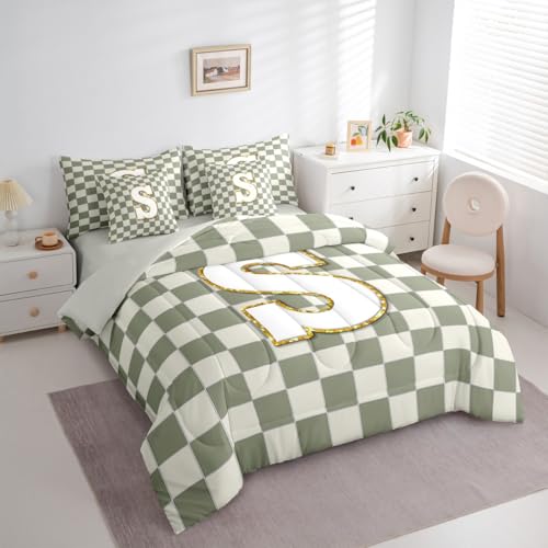 Image of Erosebridal Sage Green Checkered Full Comforter Set with Sheets 7 Piece Plaid Initial S Bed in A Bag Personalized Monogram Bedding Sets for Kids Adults,Fashion Grids Gingham Bed Set