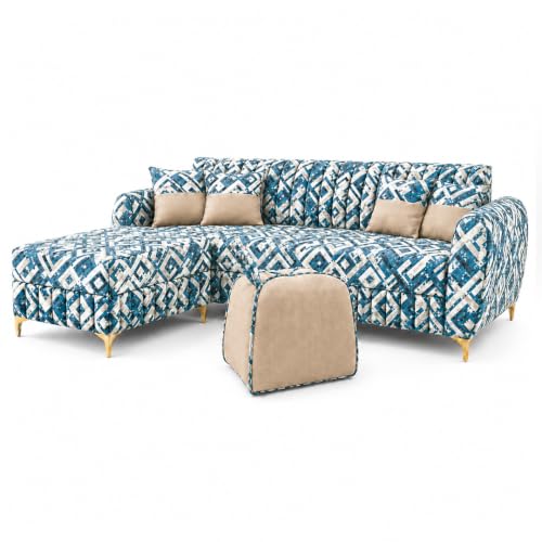 Image of CASASTYLE Signature Velour 4-Seater L-Shape Sofa Set with Movable Ottoman & Suri Pouf | Flexible LHS /RHS Layout | Tapestry Fabric | 40D Foam + Zigzag Spring | 3-Yr Warranty (Lagoon Mosaic Blue)