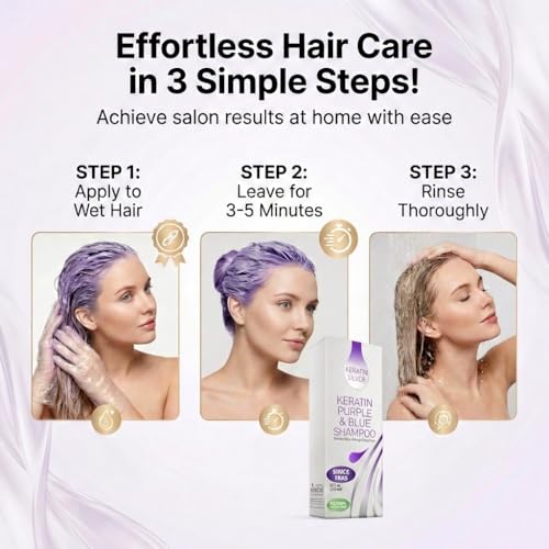 VITAMINS hair cosmetics Keratin Purple Shampoo for Blondes - Blue Shampoo - Hair Toner for Bleached Hair - Tones Brassiness & Repairs Blonde, Silver, Grey, White & Ash Gray Locks