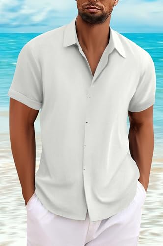 Men's Linen Shirts Short Sleeve Casual Shirts Button Down Shirt for Men Beach Summer Wedding Shirt
