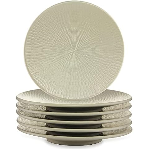 EZOWARE 6er Set Teller aus Steingut, 20 cm Runde Keramik Geschirr Tellerset, Kuchenteller, Dessertteller, Salatteller - Gemustert Natürliches Khaki Cover