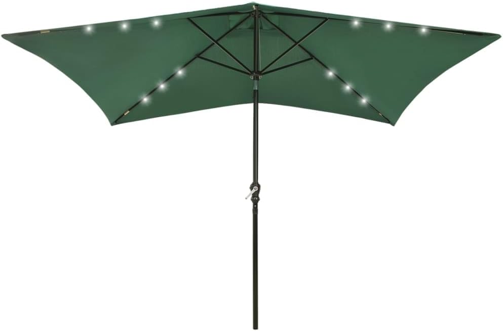 vidaXL Patio Garden Parasol with Solar Powered LED Lights and Steel Pole, UV Protective Rectangular Outdoor Umbrella, Green, 6.6'x9.8