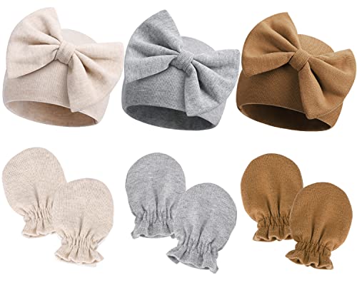 Image of Newborn Hospital Hats Gloves Baby Infant Bow Beanie Cotton Caps No Scratch Hat Mittens Set for 0-6 Months